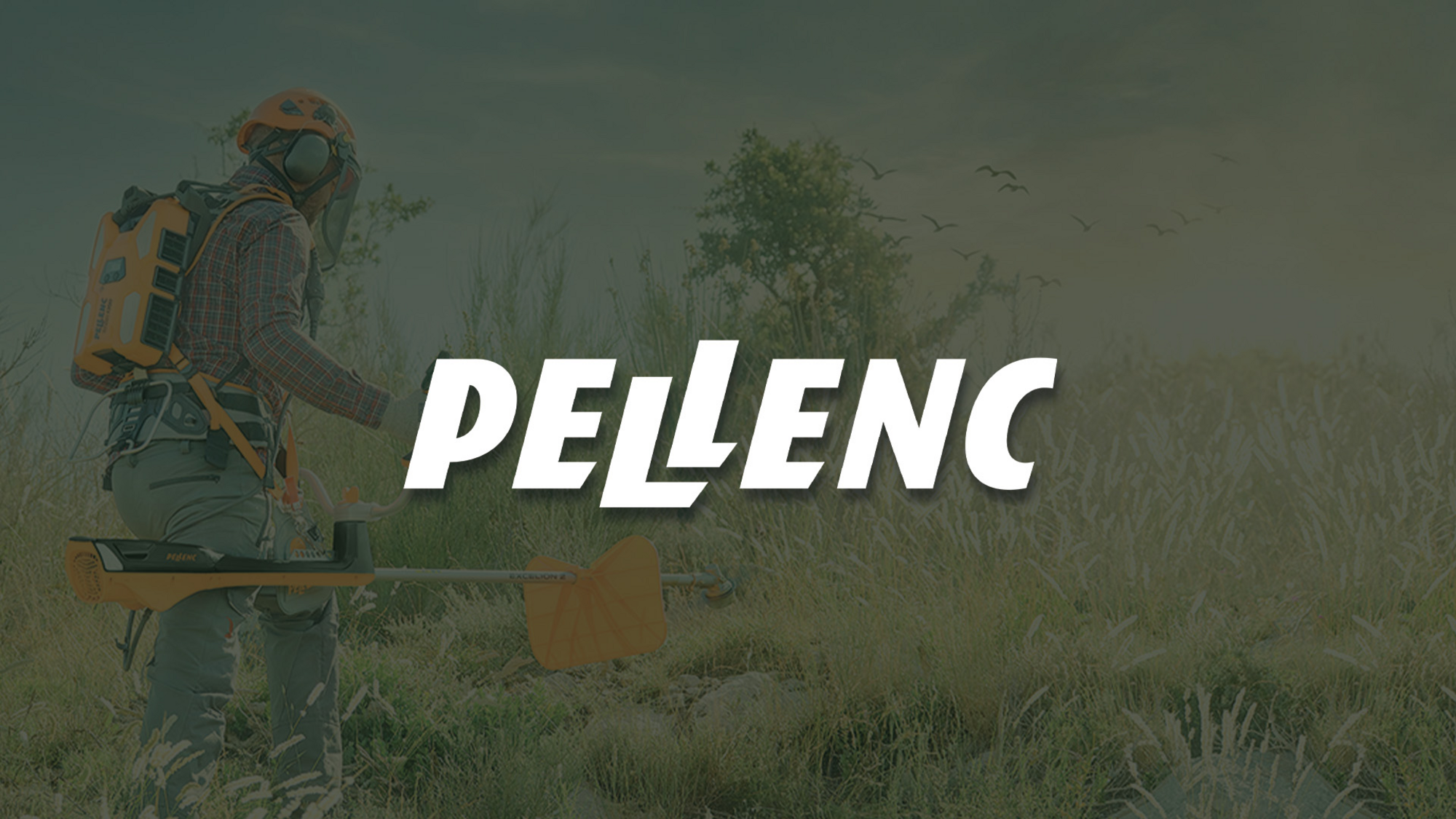 mehr erfahren Pellenc Logo mit Akku-Gerät im Hintergrund.