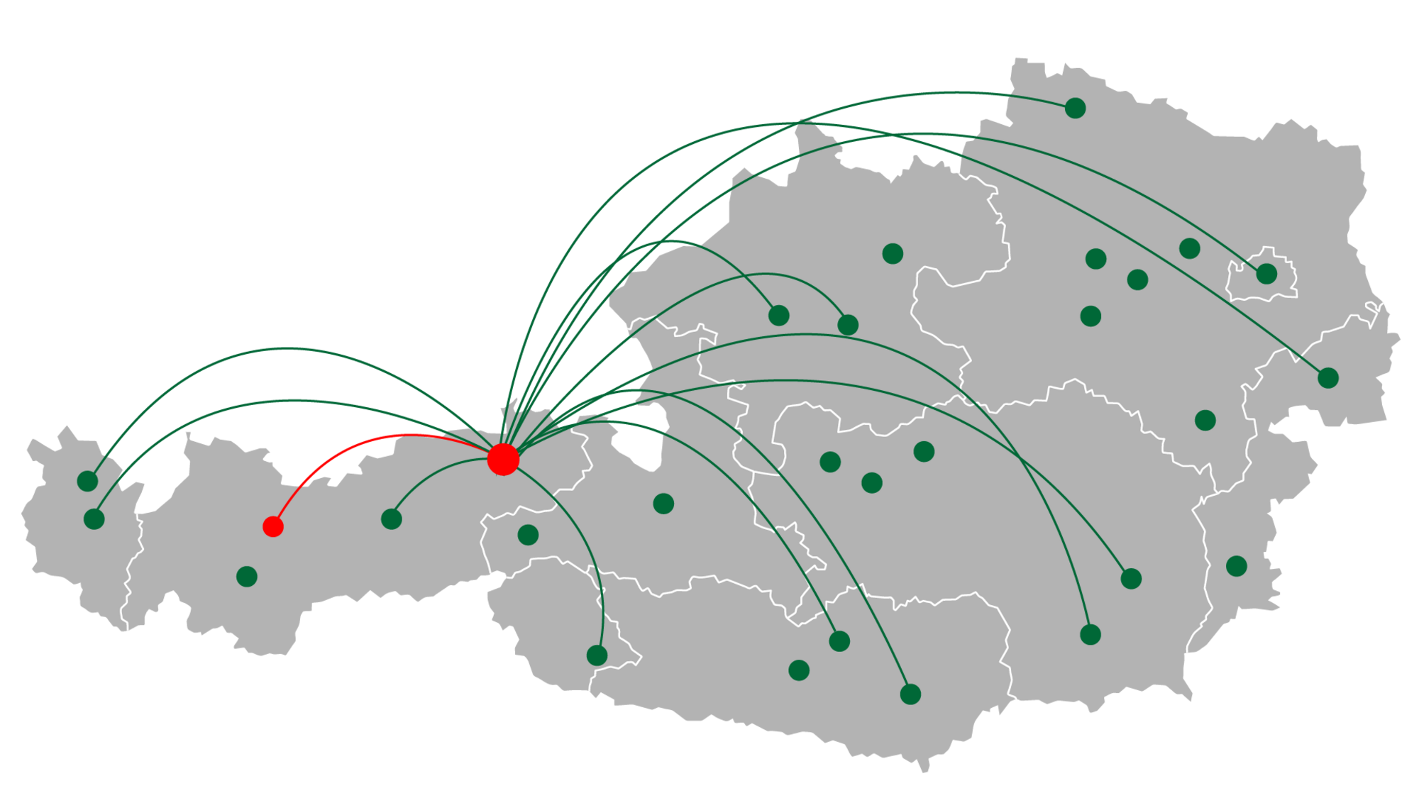 Landkarte von Österreich mit Verlinkung zum Hochfilzer Händlerverzeichnis.